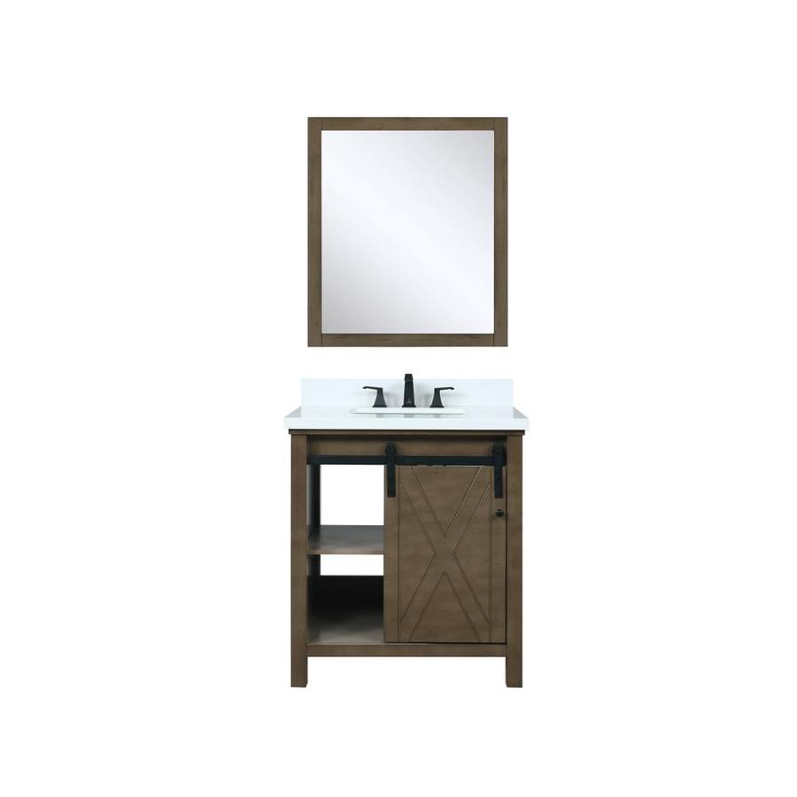 Marsyas 30" Rustic Brown Single Vanity, White Quartz Top, White Square Sink and 28" Mirror w/ Faucet