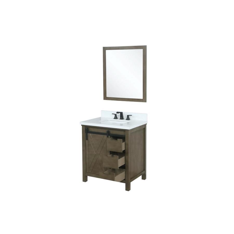 Marsyas 30" Rustic Brown Single Vanity, White Quartz Top, White Square Sink and 28" Mirror w/ Faucet