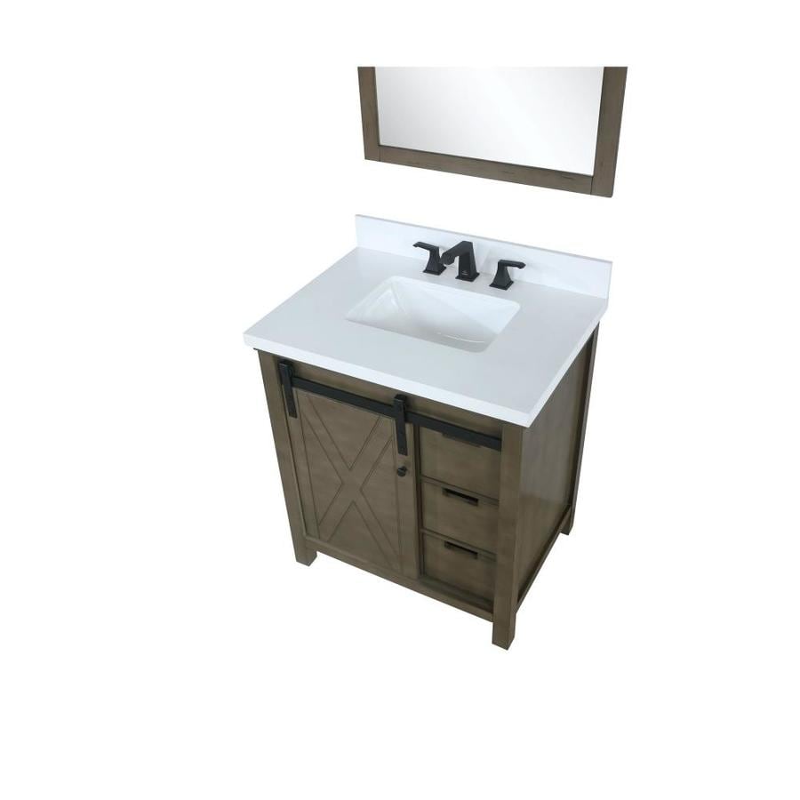 Marsyas 30" Rustic Brown Single Vanity, White Quartz Top, White Square Sink and 28" Mirror w/ Faucet