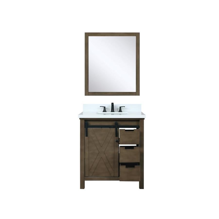 Marsyas 30" Rustic Brown Single Vanity, White Quartz Top, White Square Sink and 28" Mirror w/ Faucet