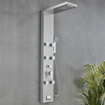 53 in. 6-Jet Stainless Steel Shower Panel System w/ Fixed Rainfall & Waterfall Shower Head, Tub Spout & Handheld, Jet Massage Feature