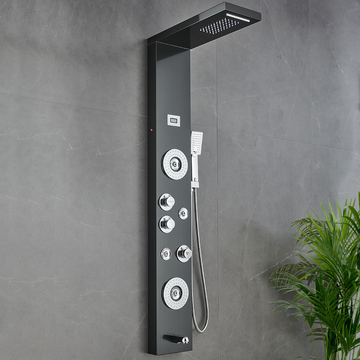 55 in. 6-Jet Stainless Steel Matte Black Shower Panel System w/ Fixed LED Rainfall & Waterfall Showerhead, Temp Display, Tub Spout & Handheld
