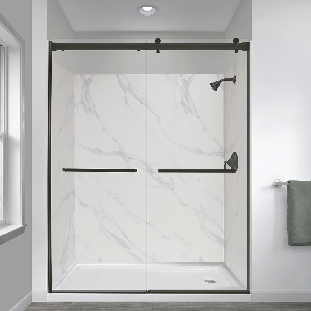 Semi - Frameless Sliding Shower Door With Clear Glass And Horizontal Handles - Lagoon