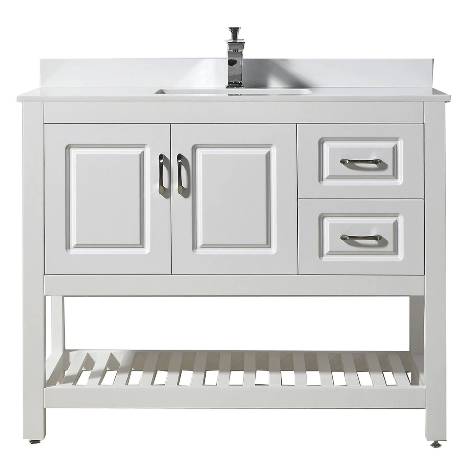 Modern Livia Freestanding Bathroom Vanity With Quartz Top, Sink, Drawers & Open Shelf Storage
