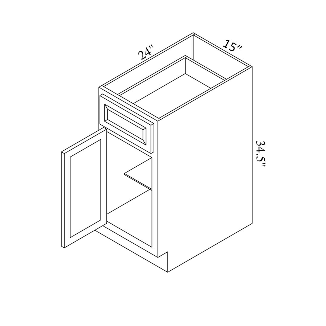 BC15: Kitchen Base Cabinet with Cutting Board, 15w x 34 1/2h x 24d;  Custom Unfinished, Stained or Painted