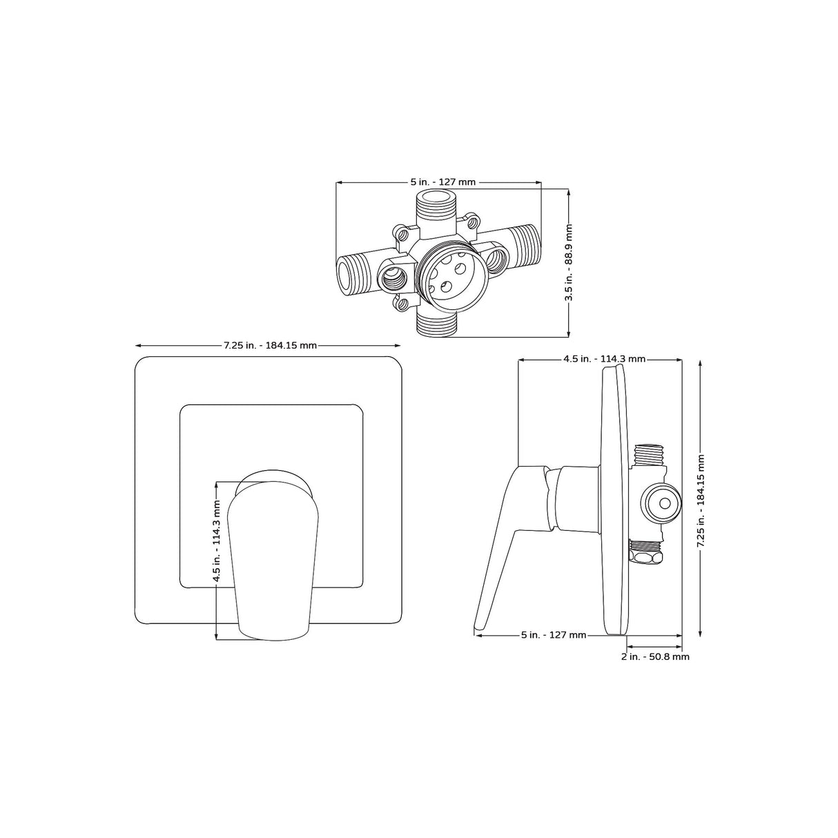 Tru-Temp Mixing Valve - 7.25X 7.25 X 5 -Square - 1/2"Rough-In Valve - Bathroom Plumbing Fixture