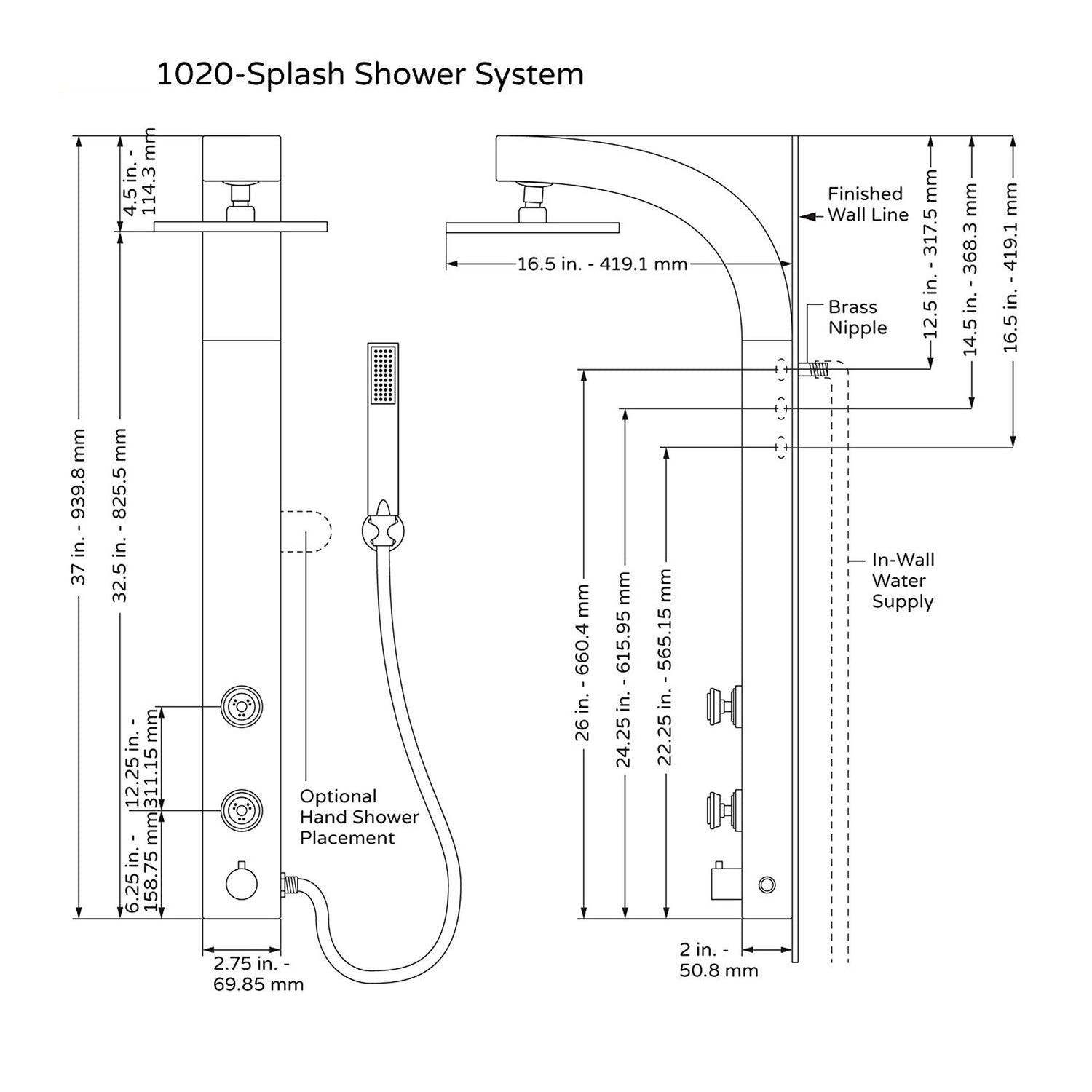 Silver Splash Single Function Shower System - Adjustable Brass Slider - Surface Mounted Shower Spa - 10 Years Warranty