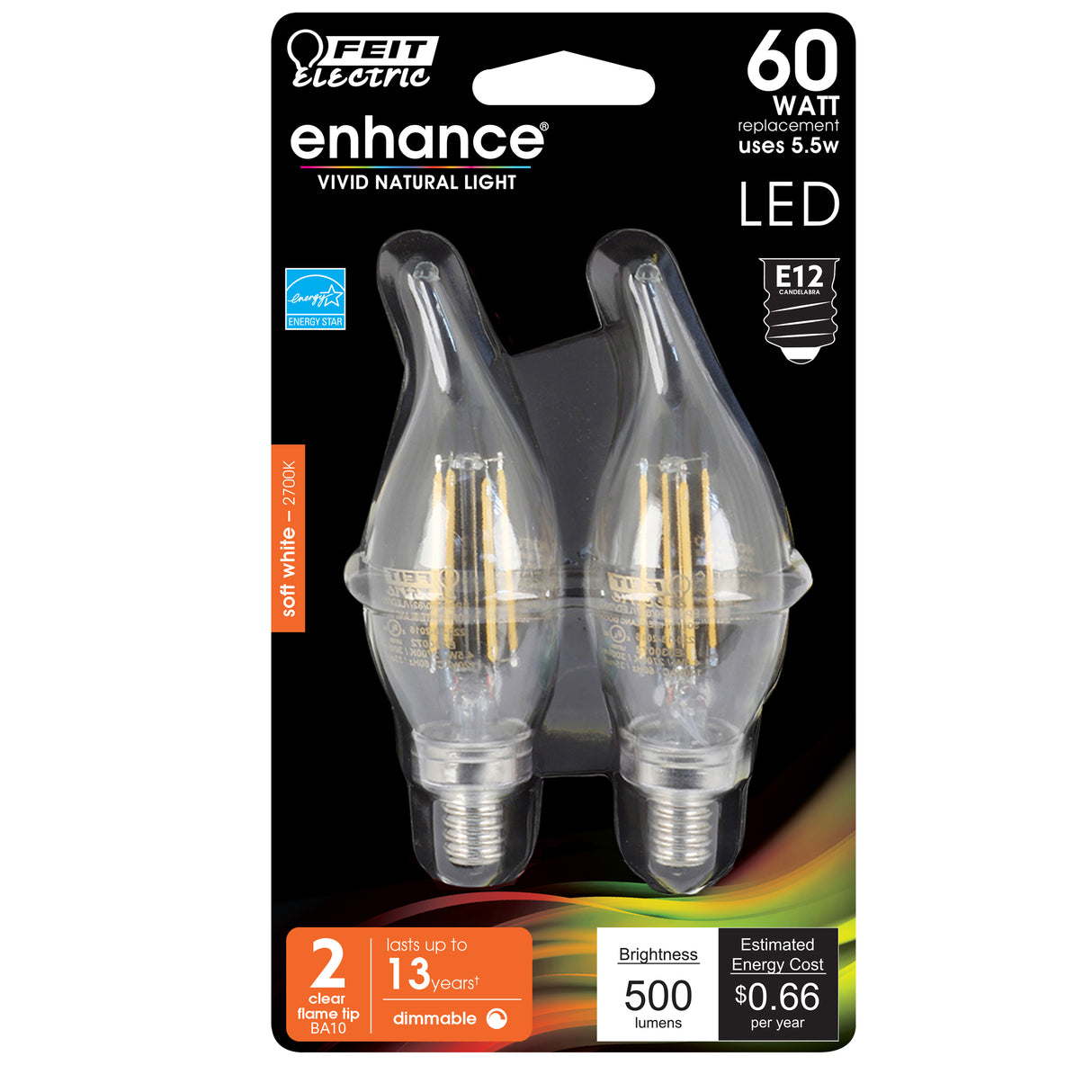 LED Bulbs, E12, Candelabra Base, Clear, Flame Bent Tip Decorative LED Light Bulbs, Bent Tip, 2 Packs