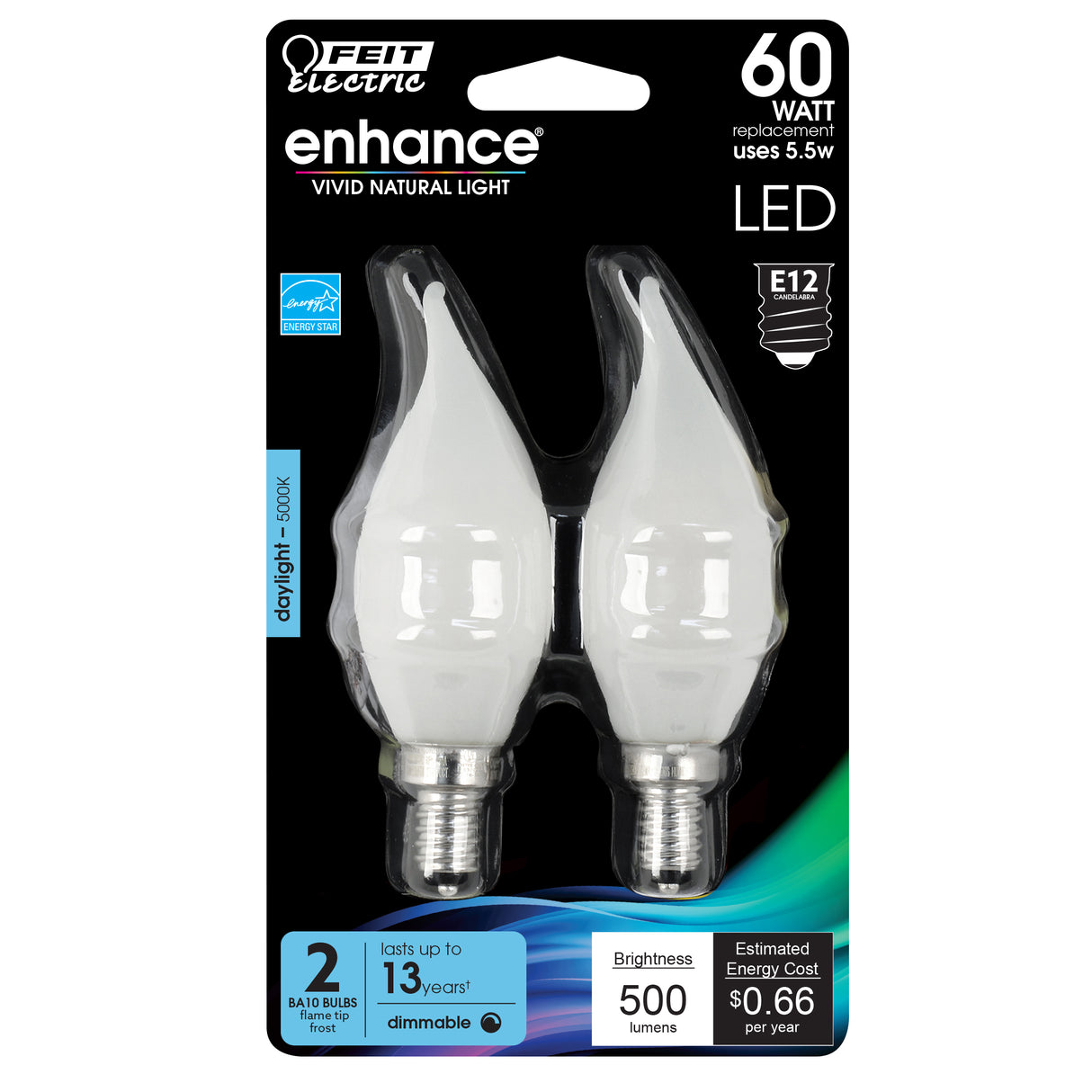 LED Light Bulbs For Chandelier, E12, Candelabra Base, Filament, Frosted, Flame, 2 Pack