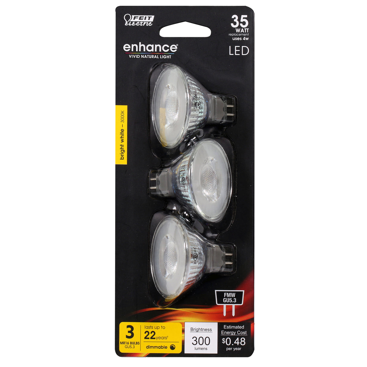 MR16 LED Light Bulbs, Dimmable, GU5.3, Bi-Pin, Indoor/suitable for Damp Locations, 12V (3 packs)