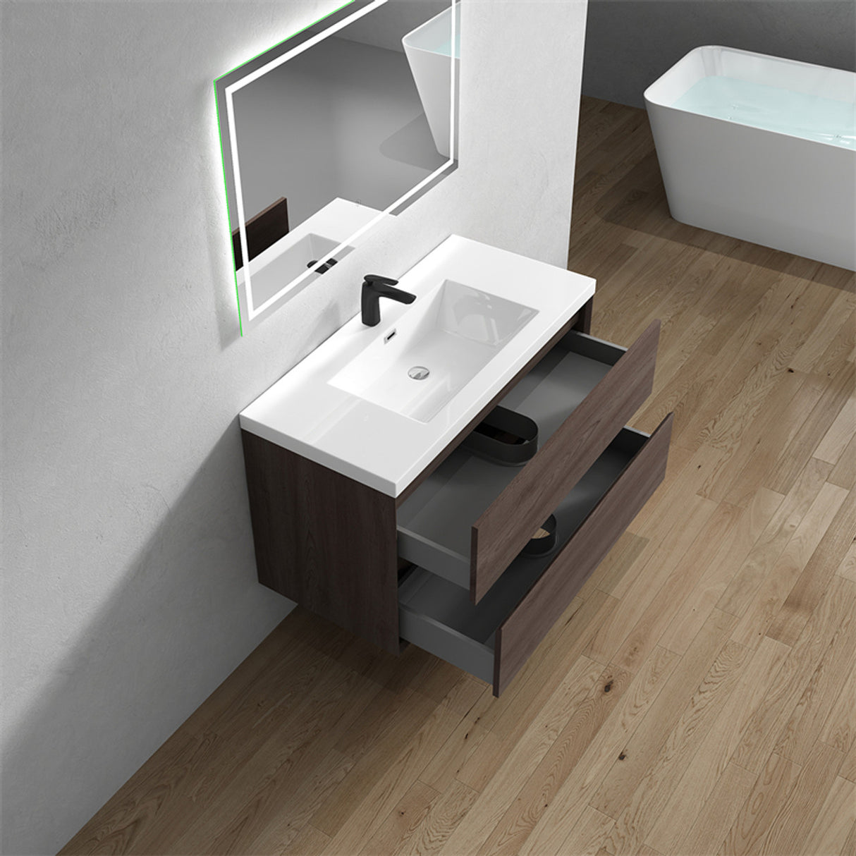 Luxury Kingdom Floating / Wall Mounted Bathroom Vanity With Acrylic Sink, Farmhouse Bath Vanity W/ Storage Cabinet