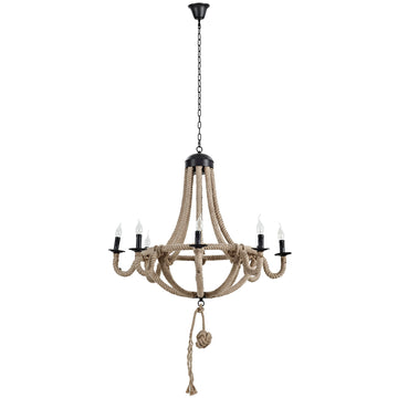 Vintage Modern Farmhouse Rope-Wrapped Coronet Chandelier - Brown Ceiling Light