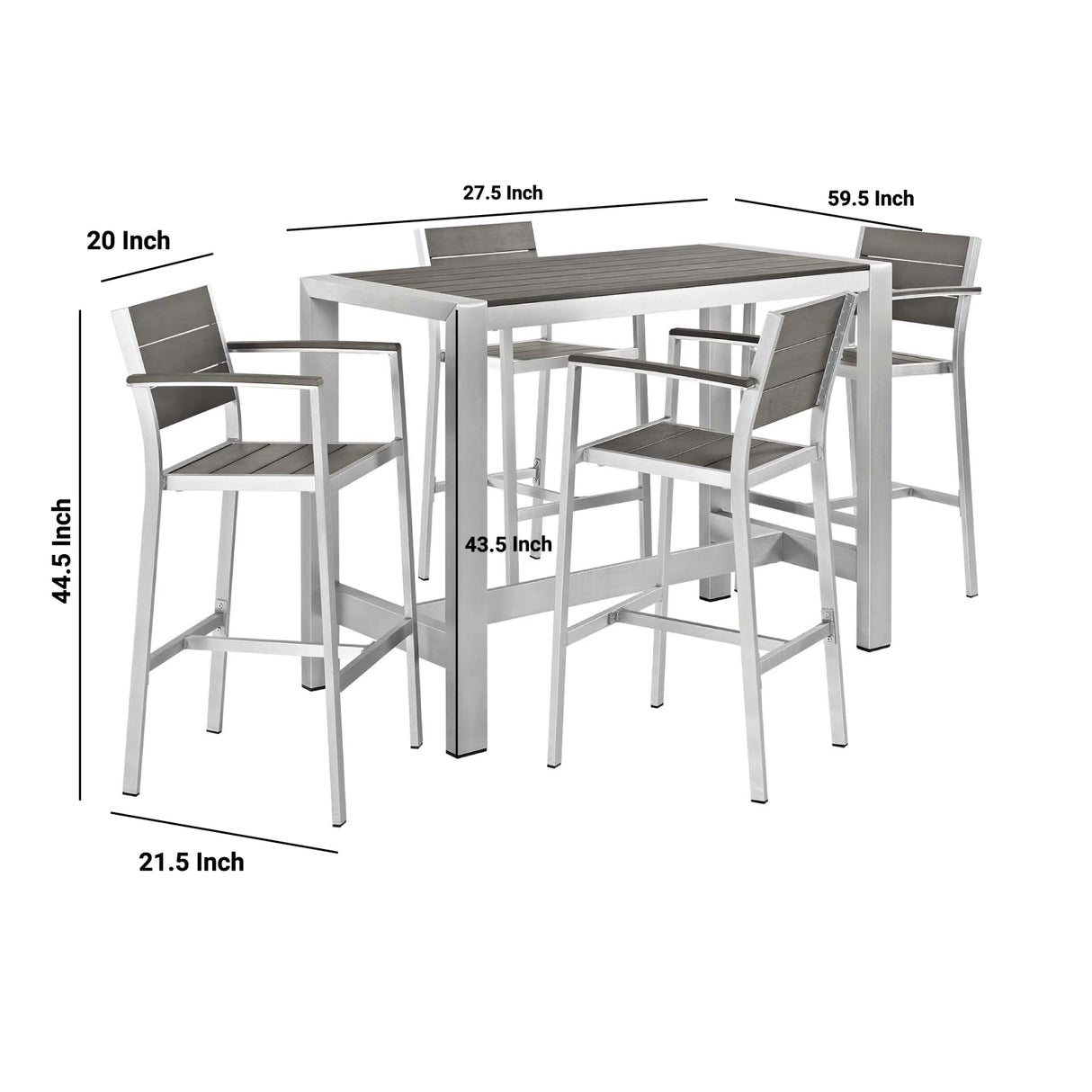 Shore 5 Piece Outdoor Patio Aluminum Dining Set in Silver Gray - BUILDMYPLACE