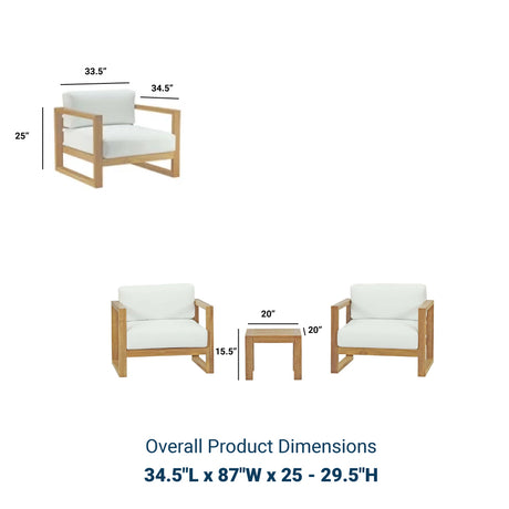 Upland 3 Piece  2 Seater Outdoor Patio Teak Set With Upland Side Table - BUILDMYPLACE
