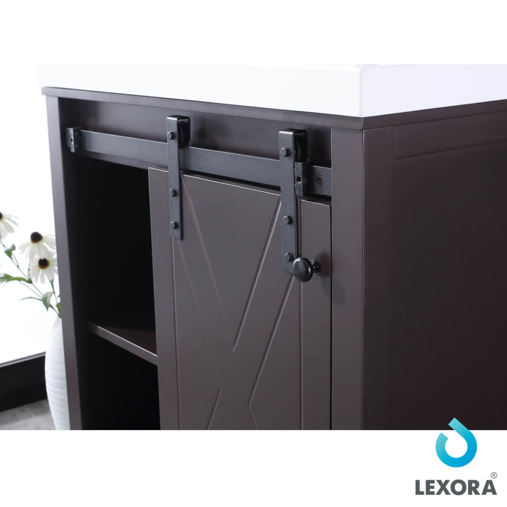 Marsyas 30" Brown Single Vanity, White Quartz Top, White Square Sink and 28" Mirror w/ Faucet