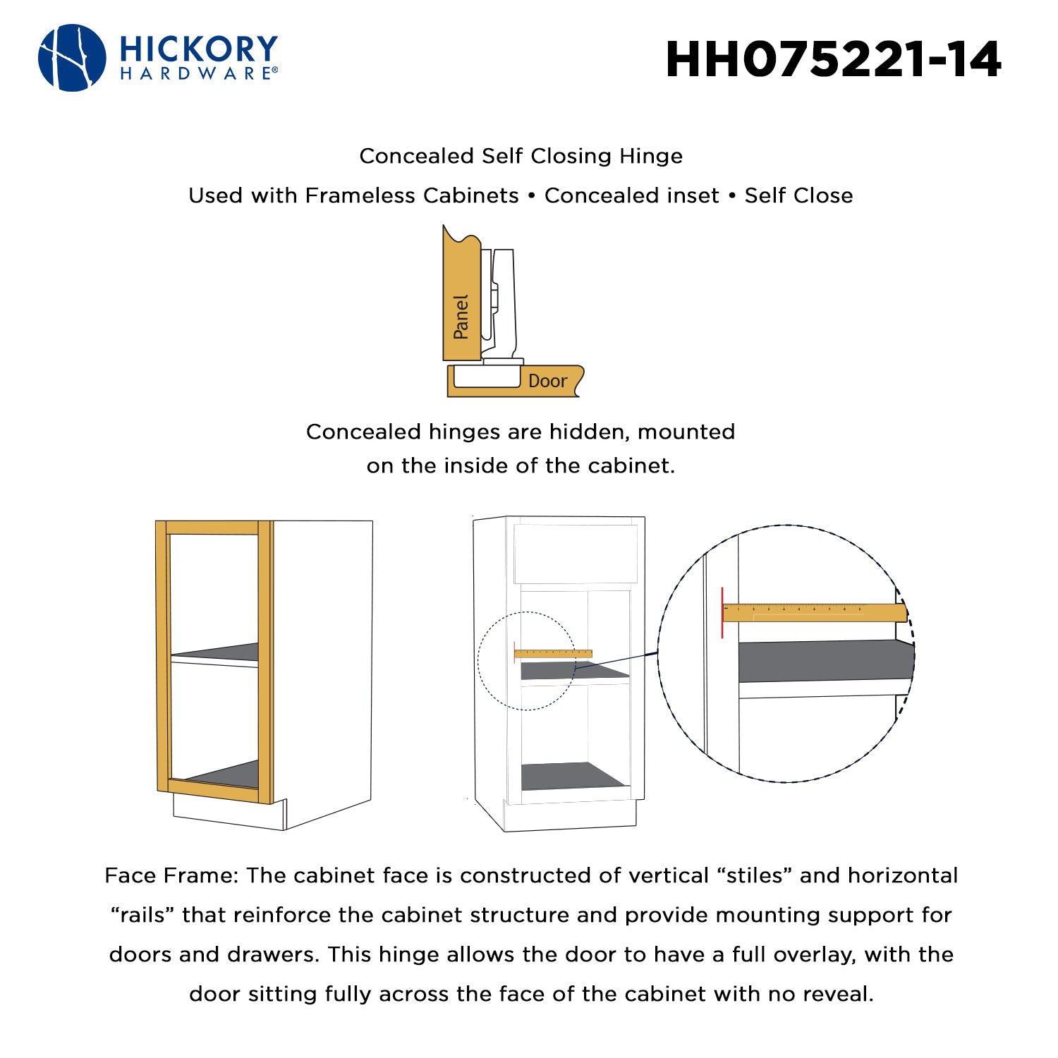 Hidden Cabinet Hinges Full Overlay Frameless Self-Close (2 Hinges/Per Pack) in Polished Nickel - Hickory Hardware