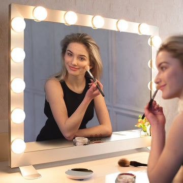 26.8 x 22 Inch Hollywood Lighted Makeup Vanity Mirror with 15pcs LED Dimmable Bulbs, Tabletop/Mounted Wall Mirror, Detachable 10X Magnification Spot Cosmetic Mirror