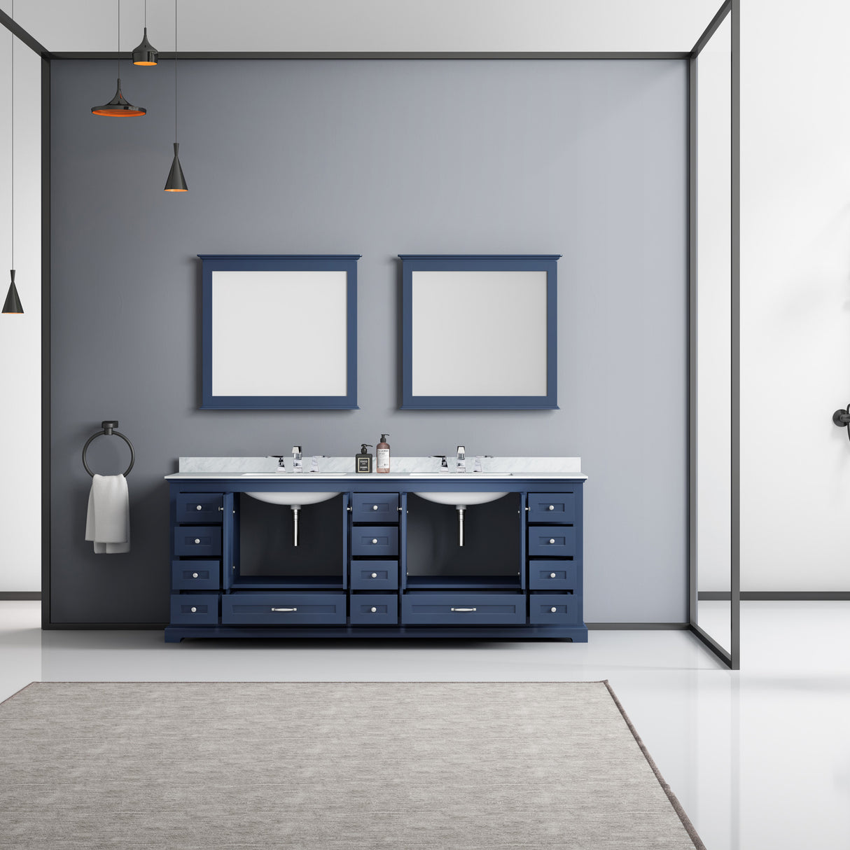 Dukes 84" Navy Blue Double Vanity, White Carrara Marble Top, White Square Sinks and 34" Mirrors w/ Faucets