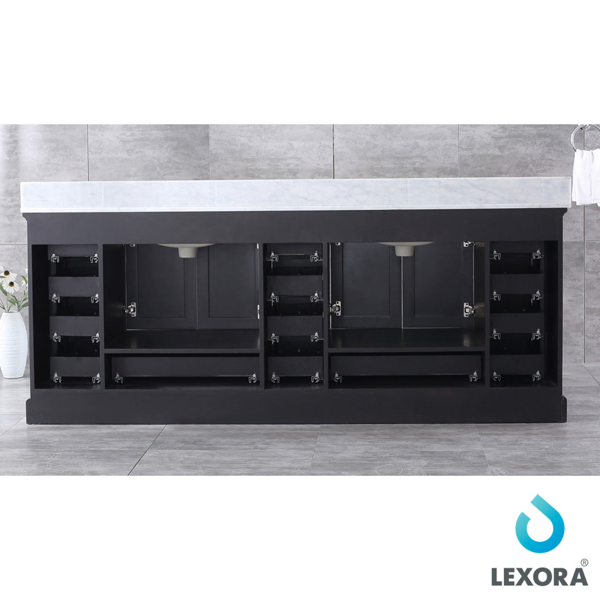 Dukes 84" Espresso Double Vanity, White Carrara Marble Top, White Square Sinks and 34" Mirrors w/ Faucets