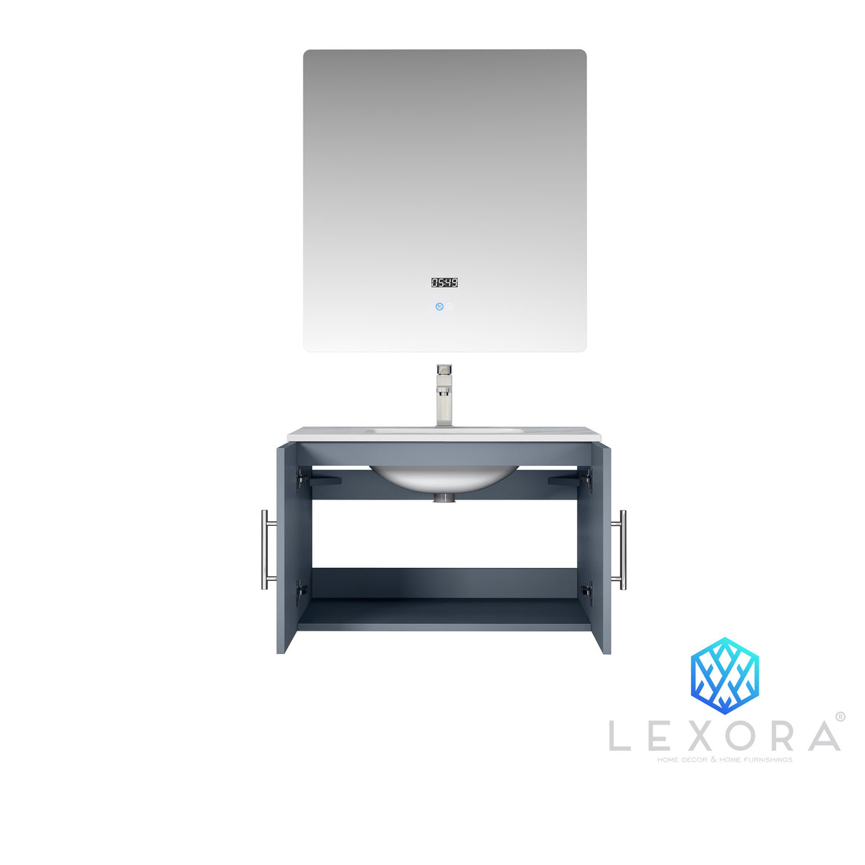 Geneva 30" Dark Grey Single Vanity, White Carrara Marble Top, White Square Sink and 30" LED Mirror w/ Faucet