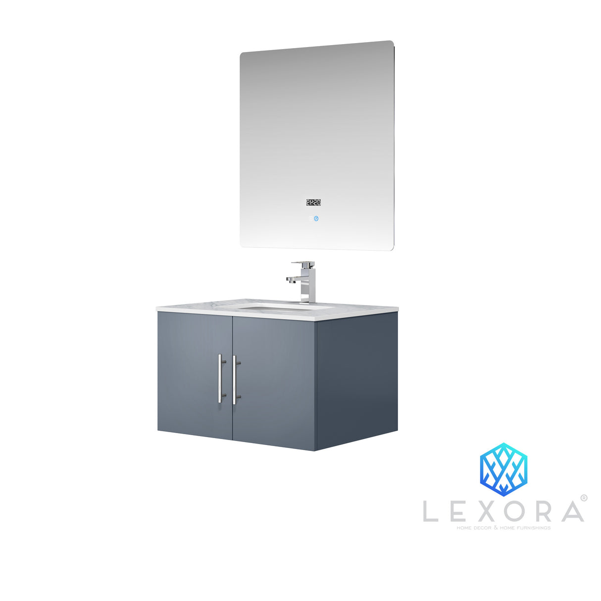Geneva 30" Dark Grey Single Vanity, White Carrara Marble Top, White Square Sink and 30" LED Mirror w/ Faucet