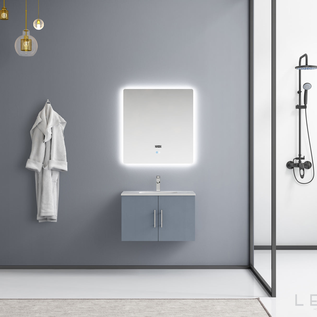 Geneva 30" Dark Grey Single Vanity, White Carrara Marble Top, White Square Sink and 30" LED Mirror w/ Faucet