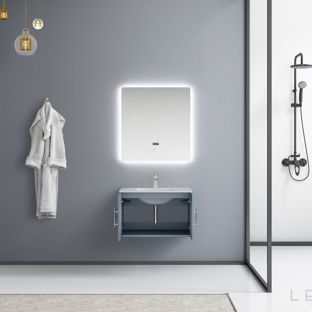 Geneva 30" Dark Grey Single Vanity, White Carrara Marble Top, White Square Sink and 30" LED Mirror w/ Faucet