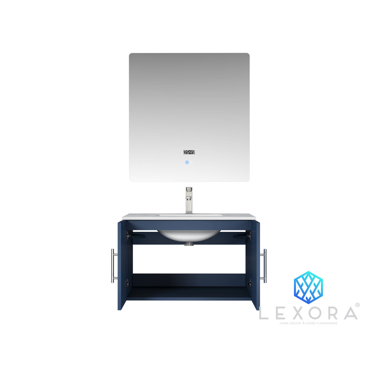 Geneva 30" Navy Blue Single Vanity, White Carrara Marble Top, White Square Sink and 30" LED Mirror w/ Faucet