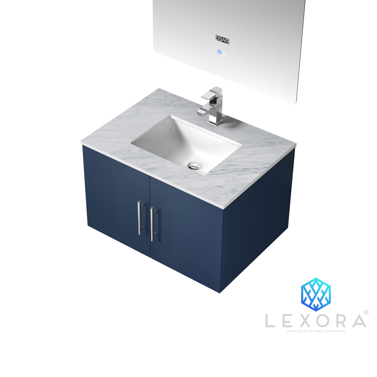 Geneva 30" Navy Blue Single Vanity, White Carrara Marble Top, White Square Sink and 30" LED Mirror