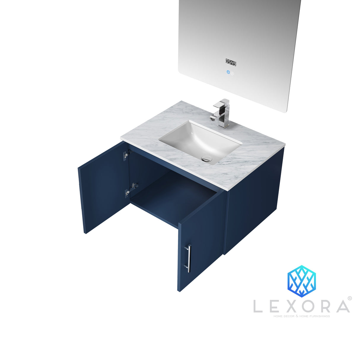 Geneva 30" Navy Blue Single Vanity, White Carrara Marble Top, White Square Sink and 30" LED Mirror