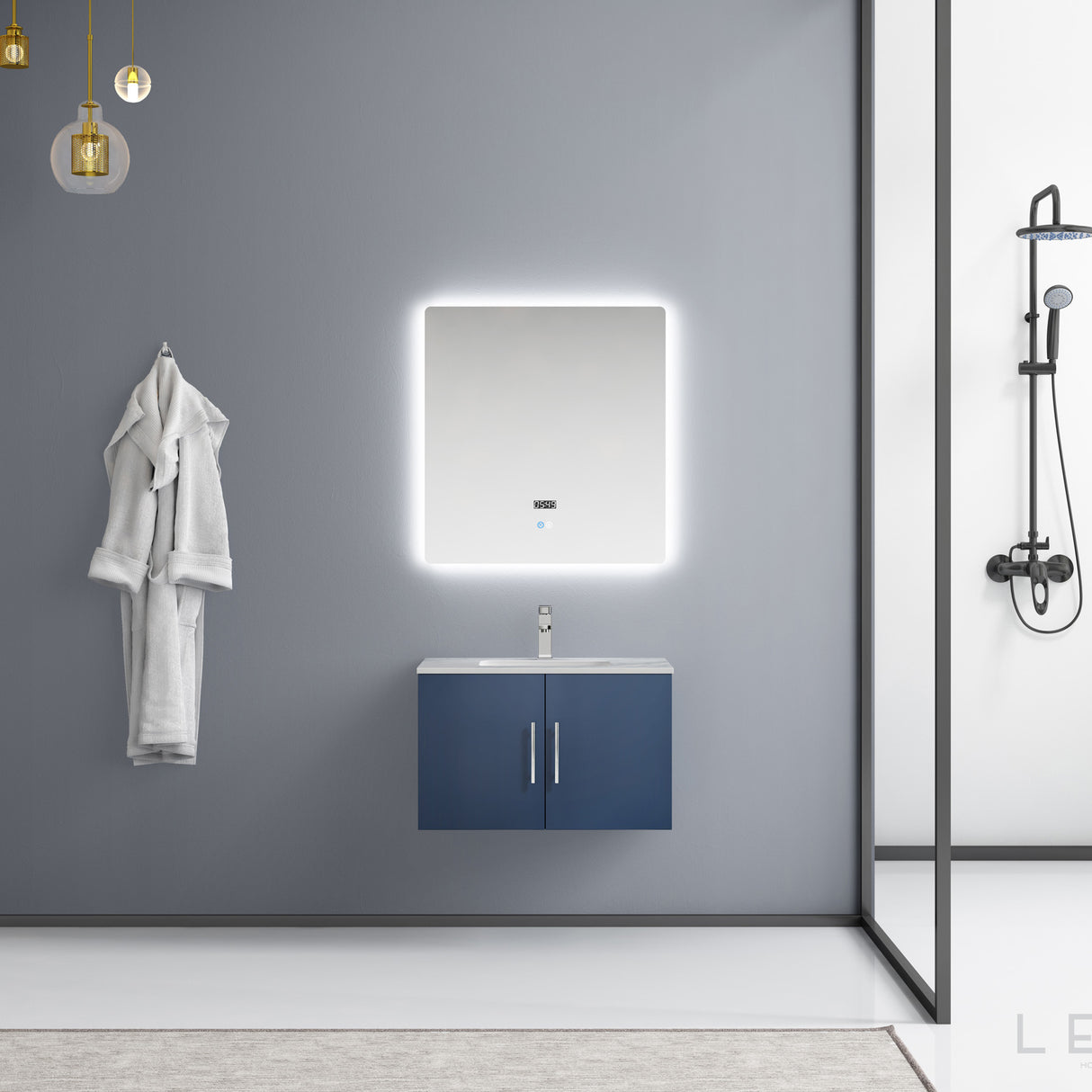 Geneva 30" Navy Blue Single Vanity, White Carrara Marble Top, White Square Sink and 30" LED Mirror