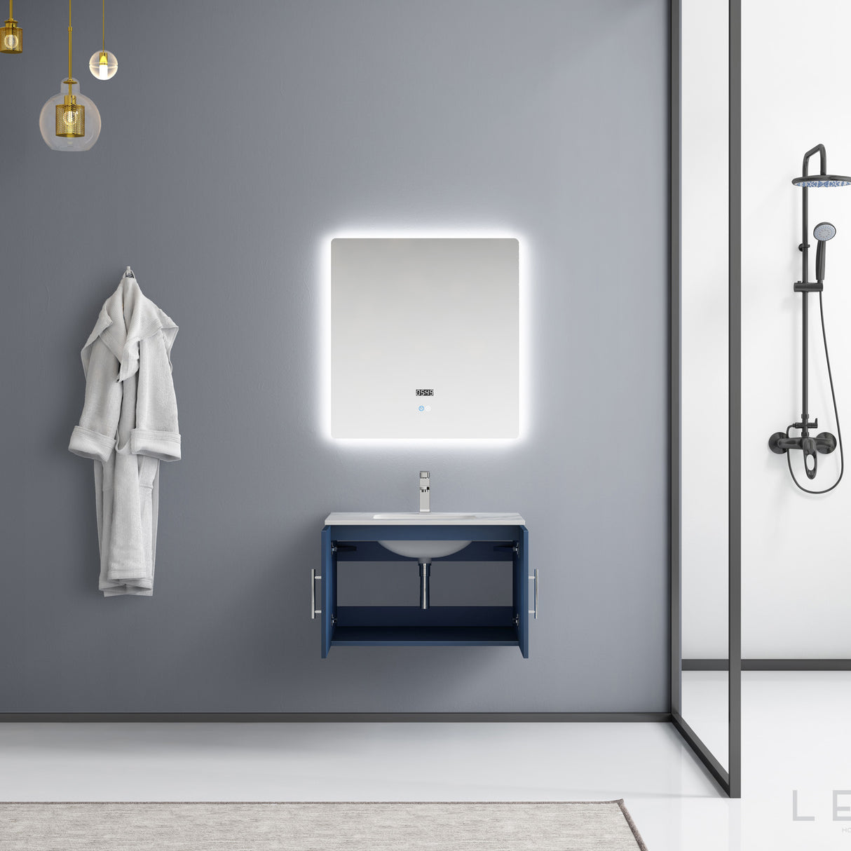 Geneva 30" Navy Blue Single Vanity, White Carrara Marble Top, White Square Sink and 30" LED Mirror w/ Faucet