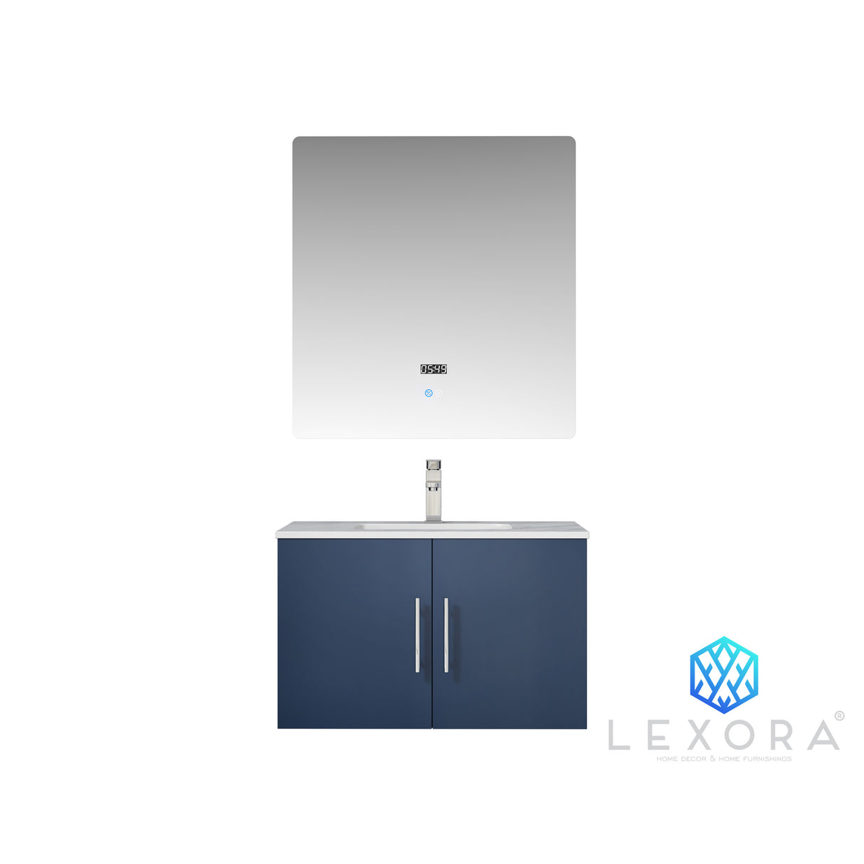 Geneva 30" Navy Blue Single Vanity, White Carrara Marble Top, White Square Sink and 30" LED Mirror