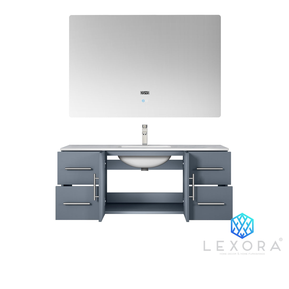 Geneva 48" Dark Grey Single Vanity, White Carrara Marble Top, White Square Sink and 48" LED Mirror w/ Faucet