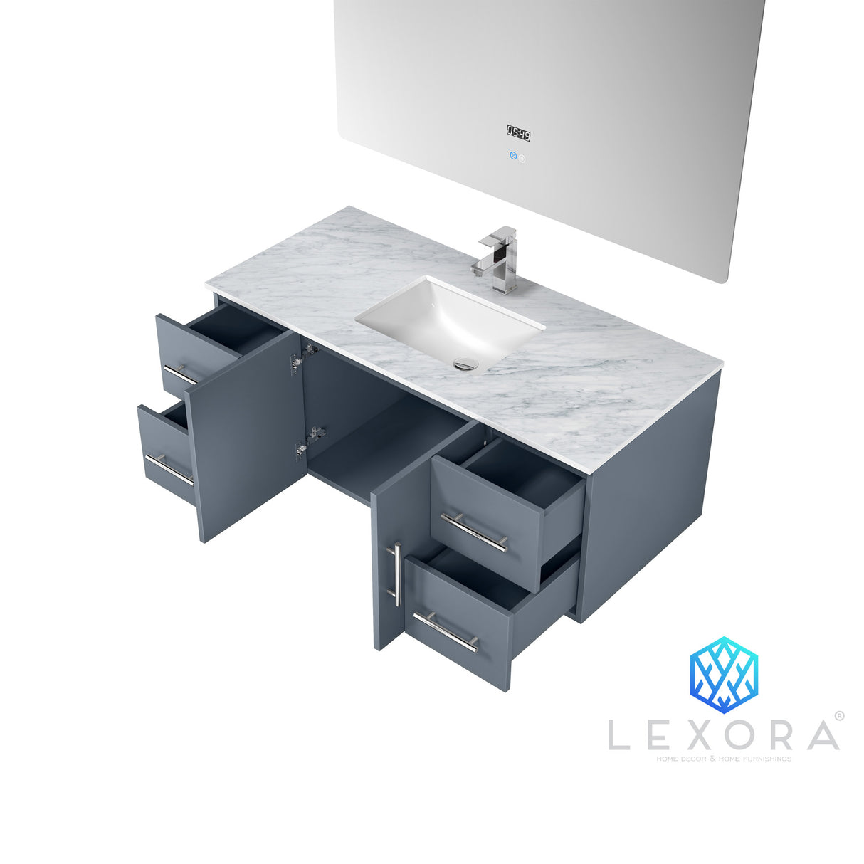 Geneva 48" Dark Grey Single Vanity, White Carrara Marble Top, White Square Sink and 48" LED Mirror