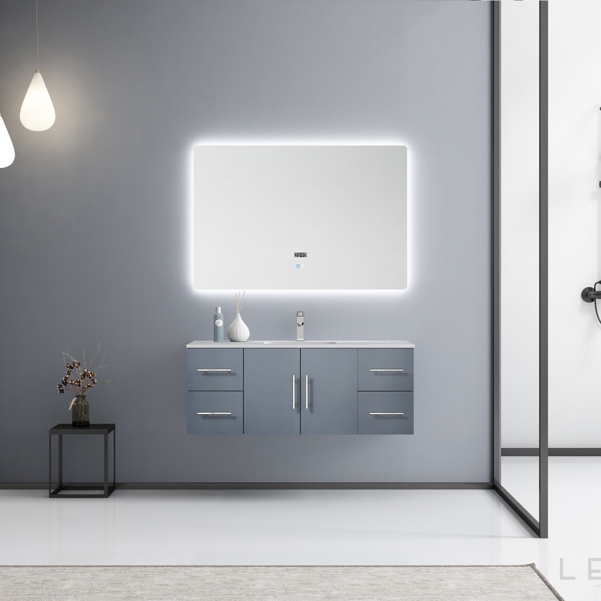 Geneva 48" Dark Grey Single Vanity, White Carrara Marble Top, White Square Sink and 48" LED Mirror
