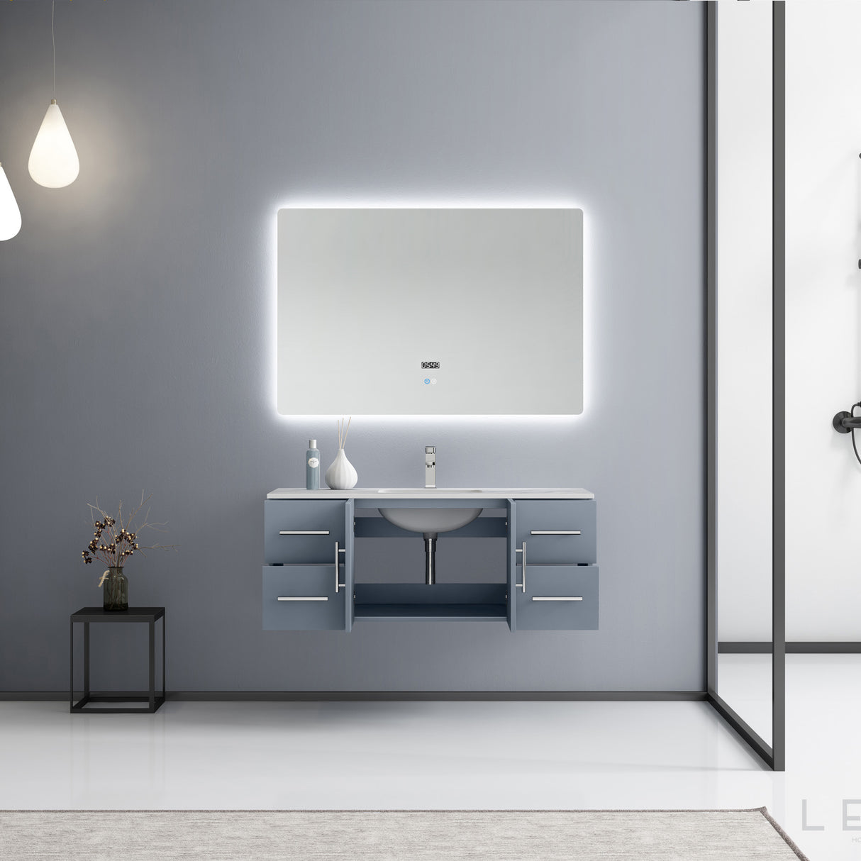 Geneva 48" Dark Grey Single Vanity, White Carrara Marble Top, White Square Sink and 48" LED Mirror