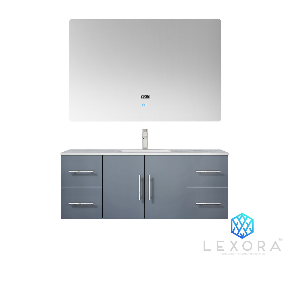 Geneva 48" Dark Grey Single Vanity, White Carrara Marble Top, White Square Sink and 48" LED Mirror