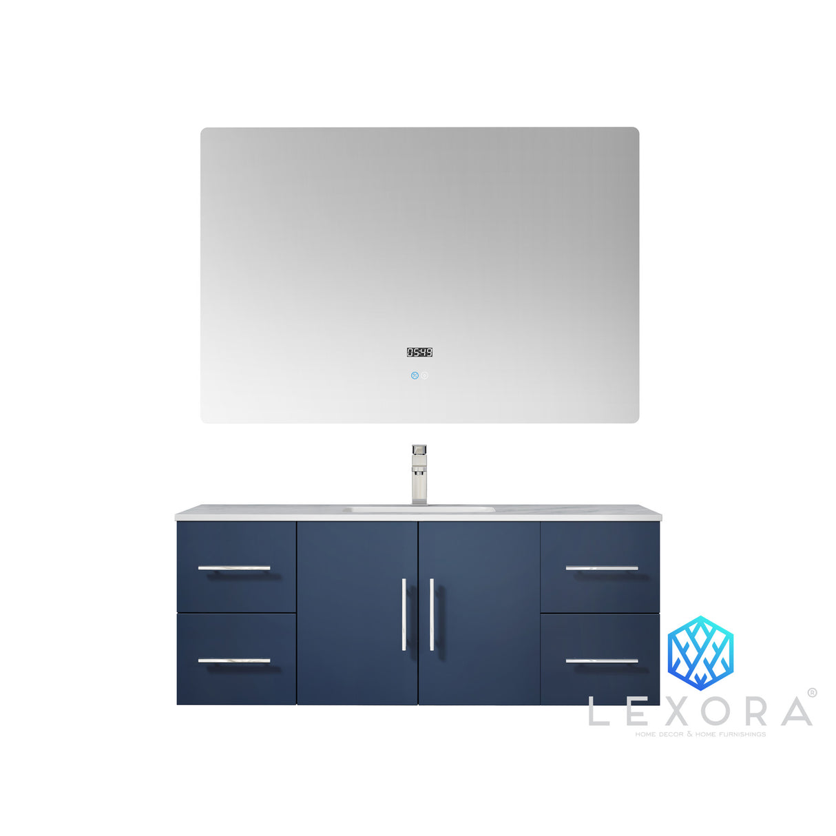 Geneva 48" Navy Blue Single Vanity, White Carrara Marble Top, White Square Sink and 48" LED Mirror