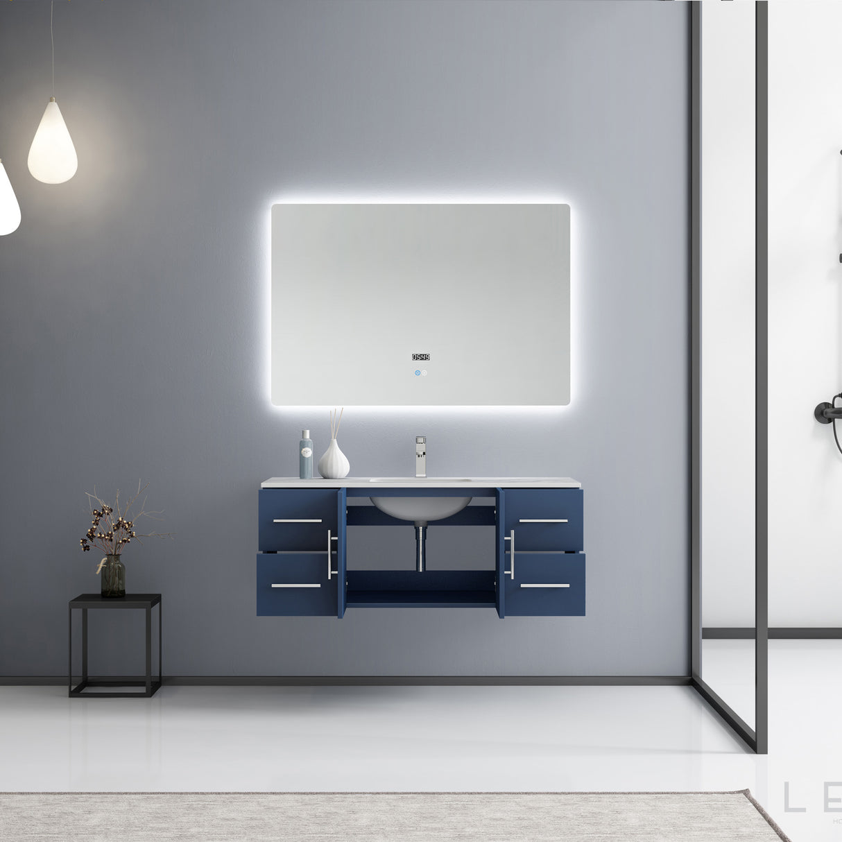 Geneva 48" Navy Blue Single Vanity, White Carrara Marble Top, White Square Sink and 48" LED Mirror w/ Faucet