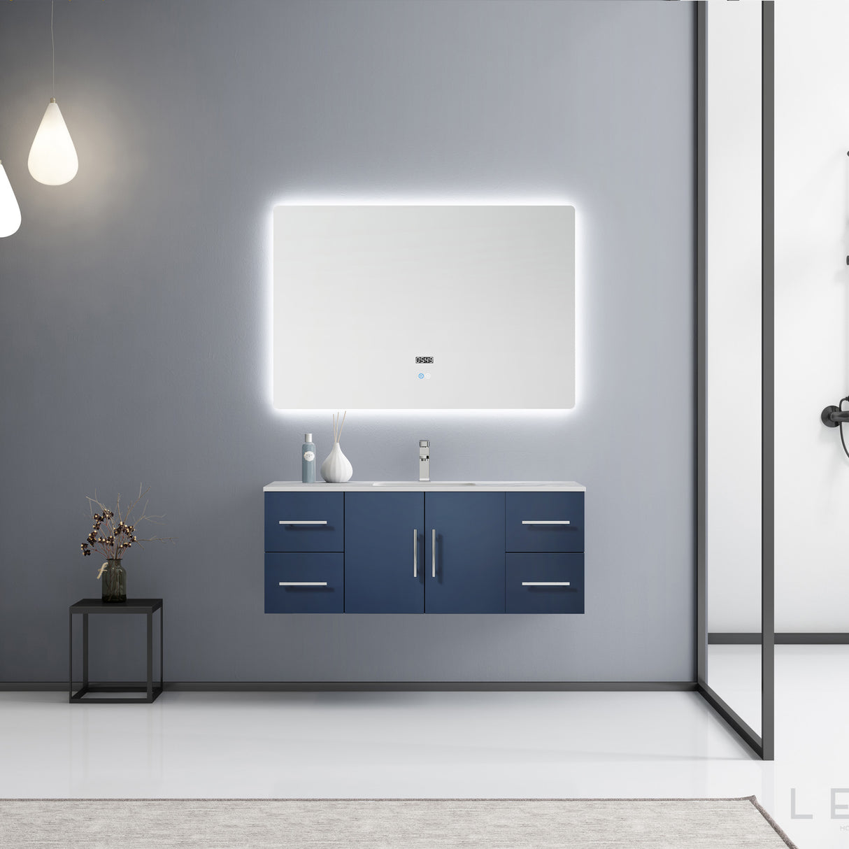 Geneva 48" Navy Blue Single Vanity, White Carrara Marble Top, White Square Sink and 48" LED Mirror