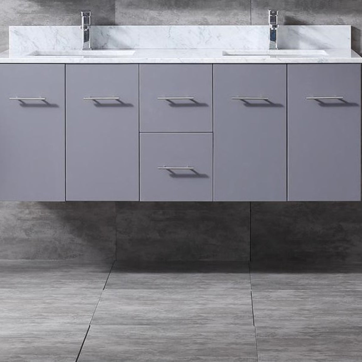 Geneva 60" Dark Grey Double Vanity, White Carrara Marble Top, White Square Sinks and 60" LED Mirror w/ Faucets