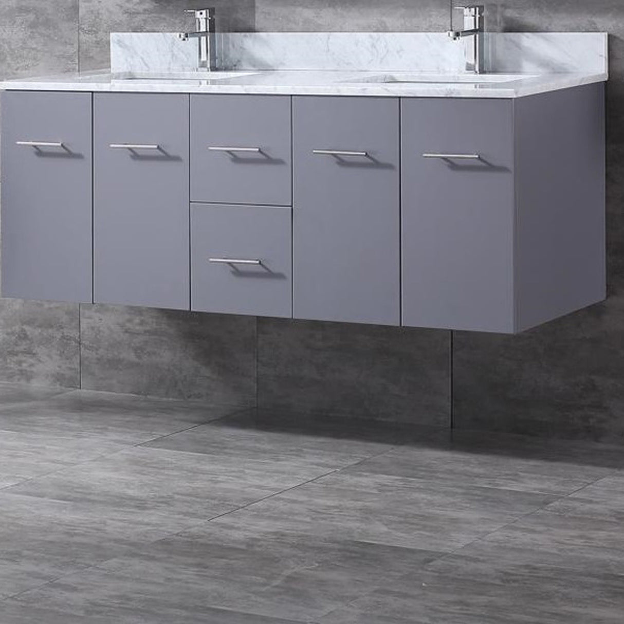 Geneva 60" Dark Grey Double Vanity, White Carrara Marble Top, White Square Sinks and 60" LED Mirror w/ Faucets