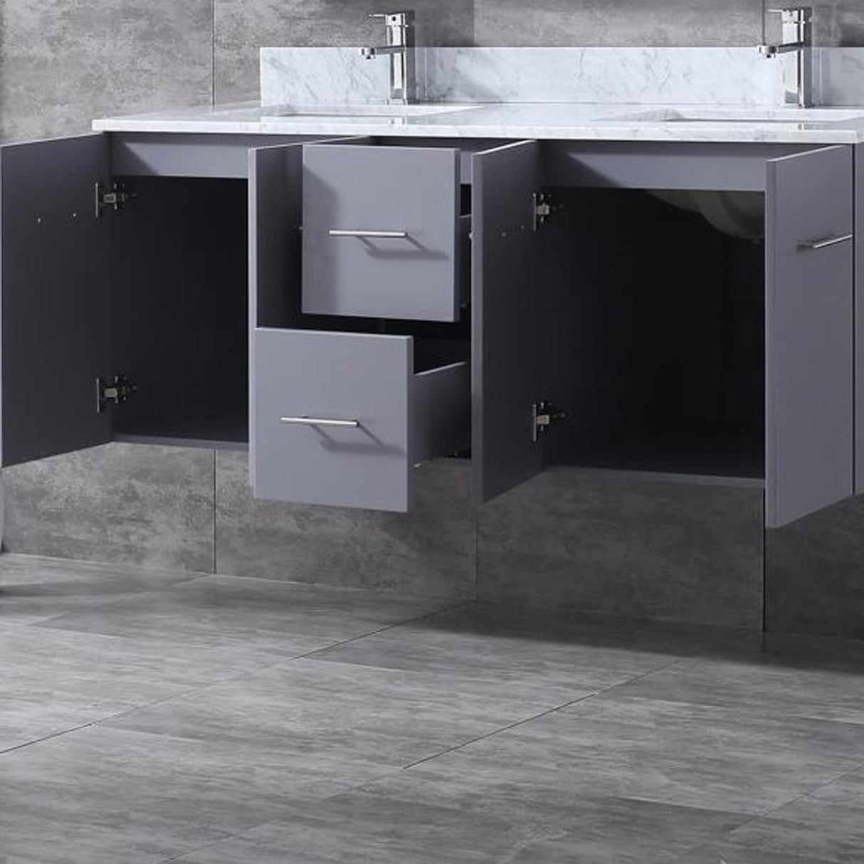 Geneva 60" Dark Grey Double Vanity, White Carrara Marble Top, White Square Sinks and 60" LED Mirror