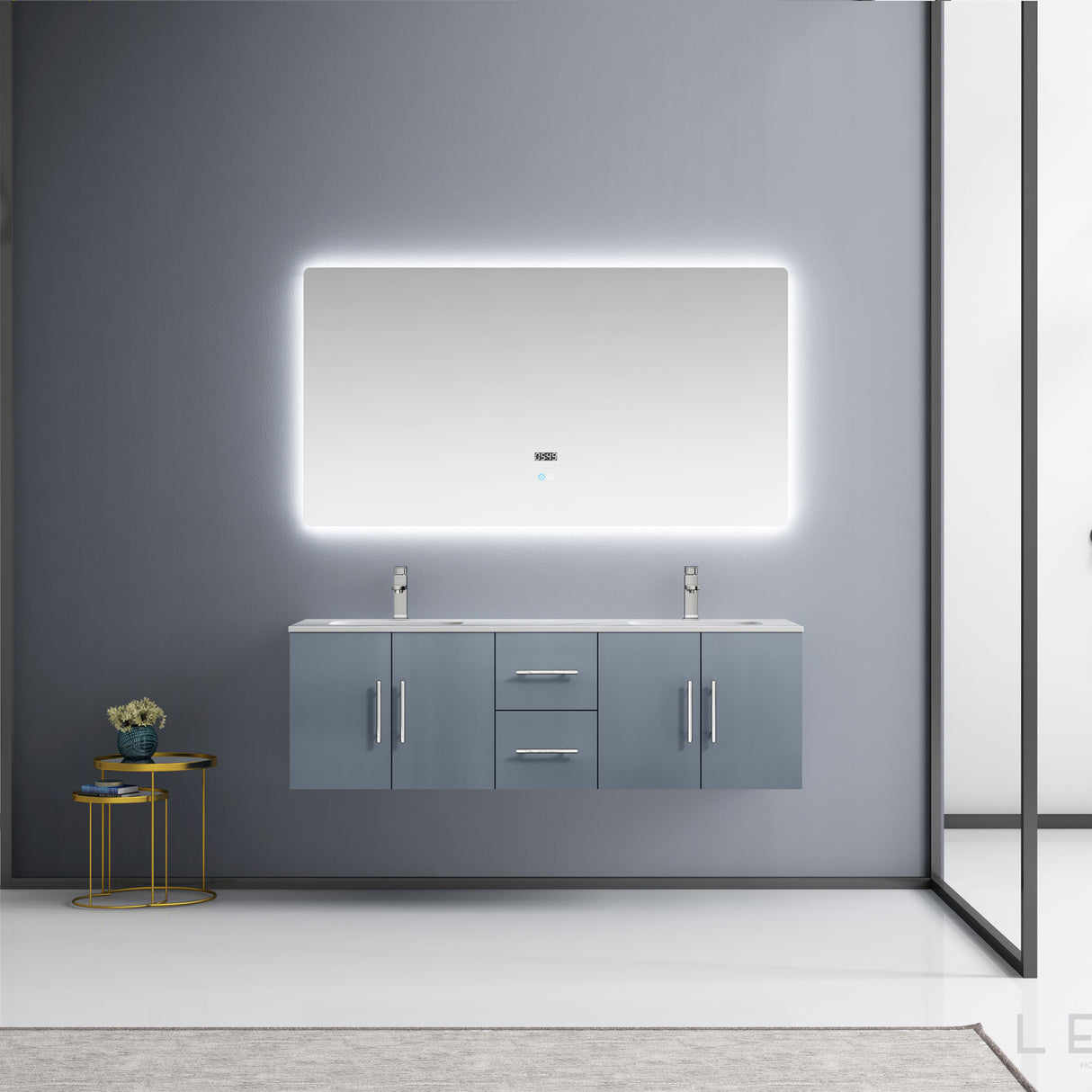 Geneva 60" Dark Grey Double Vanity, White Carrara Marble Top, White Square Sinks and 60" LED Mirror w/ Faucets