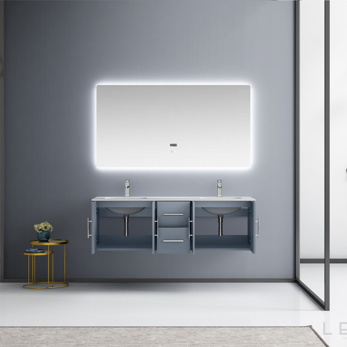 Geneva 60" Dark Grey Double Vanity, White Carrara Marble Top, White Square Sinks and 60" LED Mirror w/ Faucets