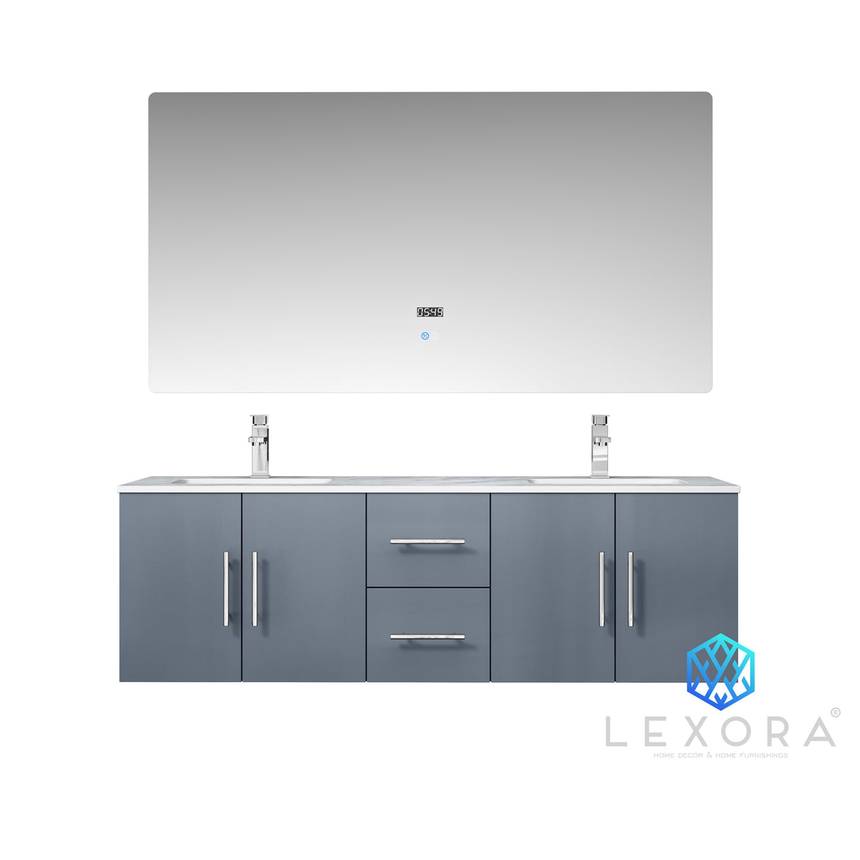 Geneva 60" Dark Grey Double Vanity, White Carrara Marble Top, White Square Sinks and 60" LED Mirror w/ Faucets
