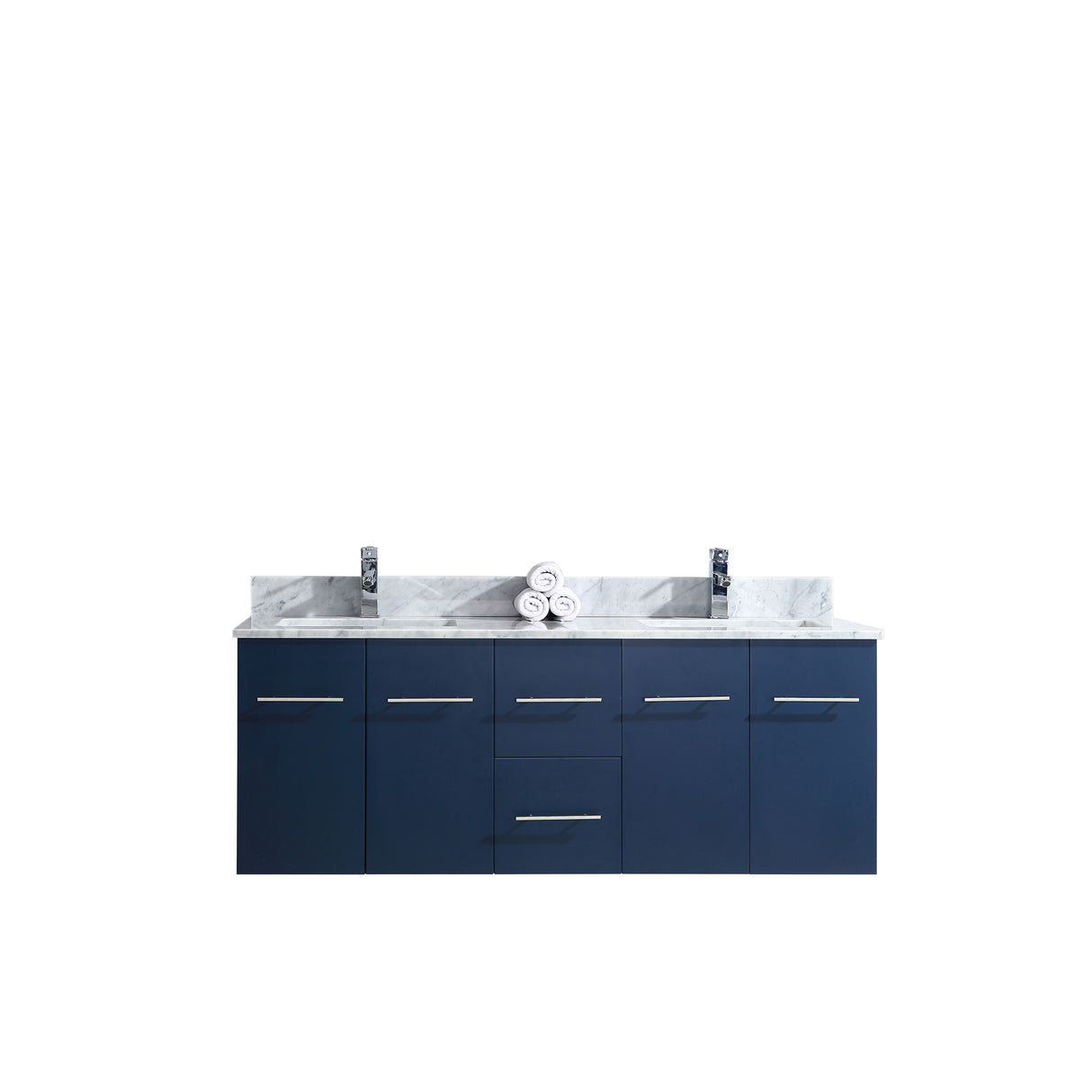 Geneva 60" Navy Blue Double Vanity, White Carrara Marble Top, White Square Sinks and 60" LED Mirror
