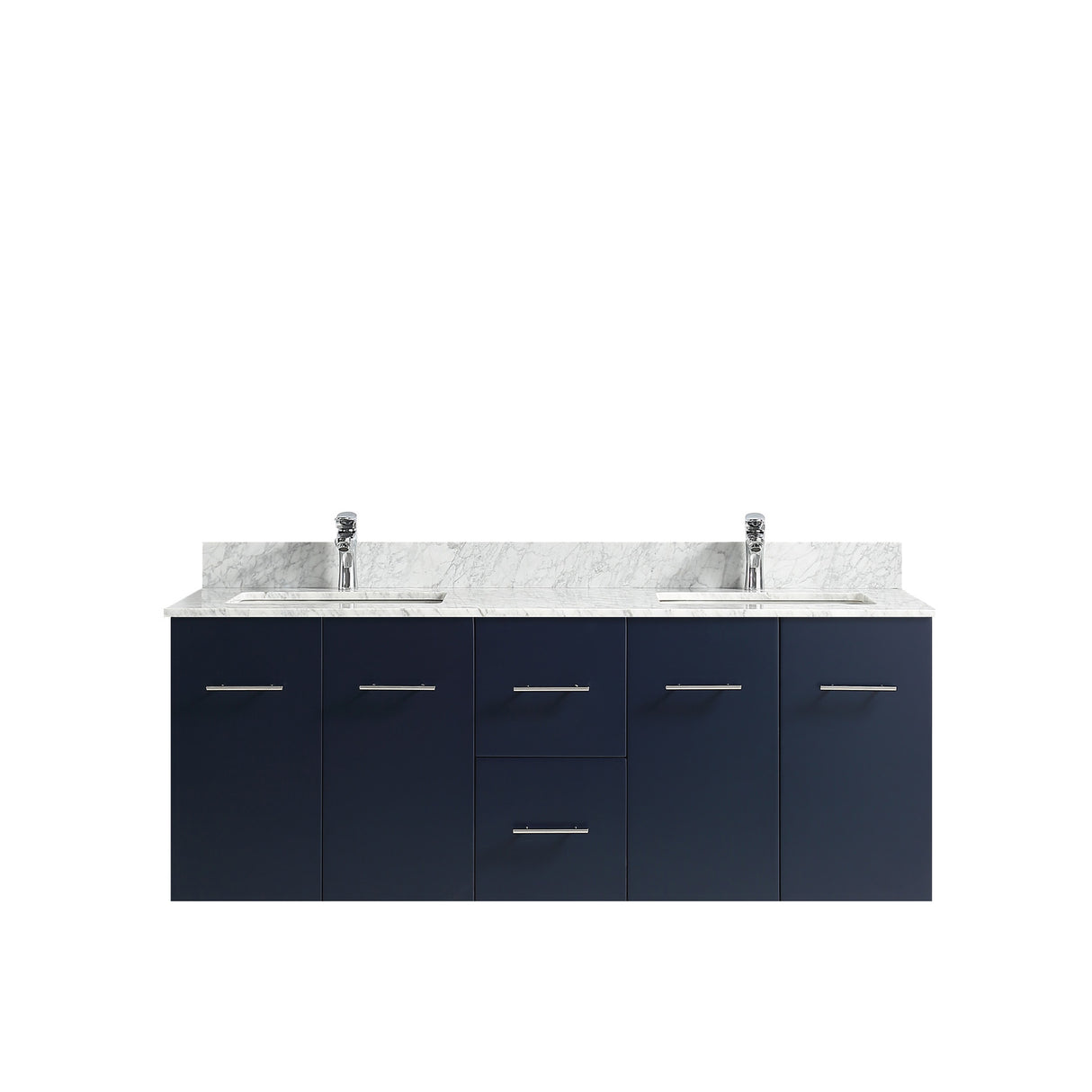 Geneva 60" Navy Blue Double Vanity, White Carrara Marble Top, White Square Sinks and 60" LED Mirror w/ Faucets