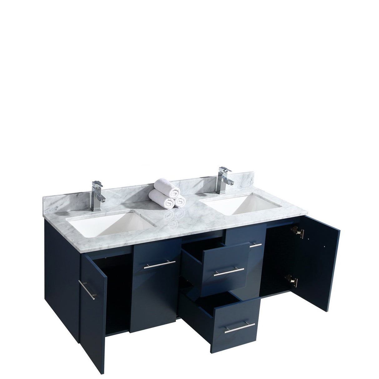 Geneva 60" Navy Blue Double Vanity, White Carrara Marble Top, White Square Sinks and 60" LED Mirror w/ Faucets
